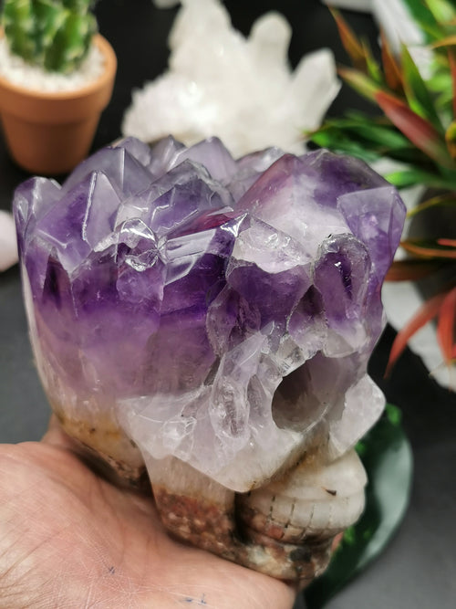 Amethyst Cluster Skull Carving - Incredible hand carved on natural amethsyt stone cluster - Shwasam