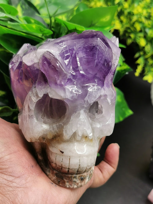 Amethyst Cluster Skull Carving - Incredible hand carved on natural amethsyt stone cluster - Shwasam