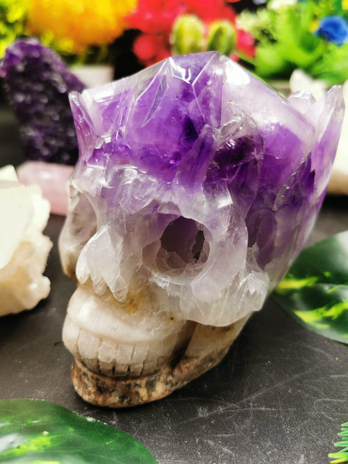 Amethyst Cluster Skull Carving - Incredible hand carved on natural amethsyt stone cluster - Shwasam