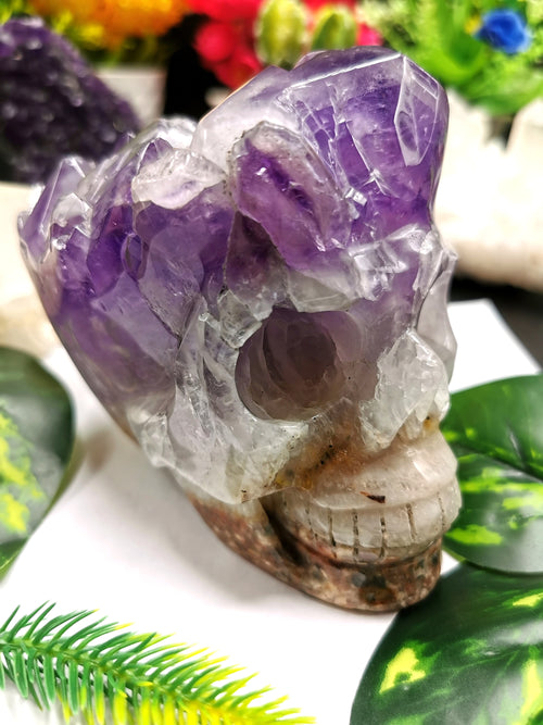 Amethyst Cluster Skull Carving - Incredible hand carved on natural amethsyt stone cluster - Shwasam