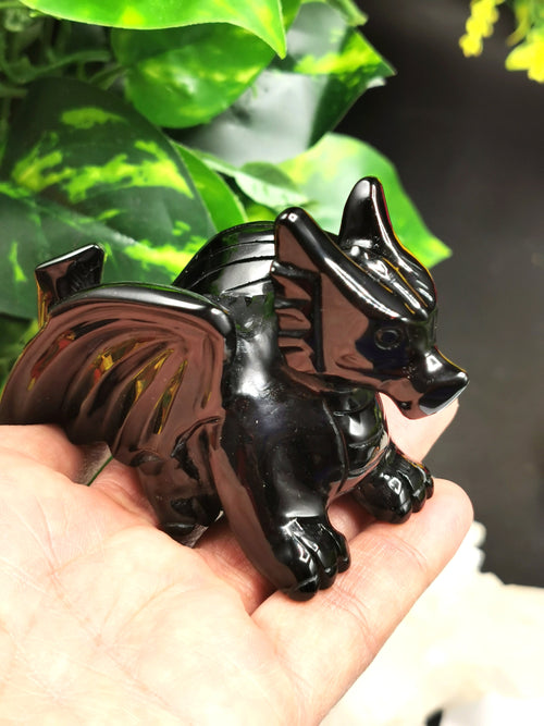 Black Obsidian stone carving of Flying Dragon - Hand carved unique piece - Shwasam