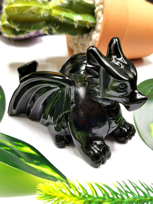 Black Obsidian stone carving of Flying Dragon - Hand carved unique piece - Shwasam