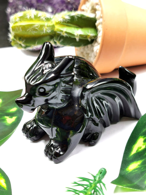 Black Obsidian stone carving of Flying Dragon - Hand carved unique piece - Shwasam