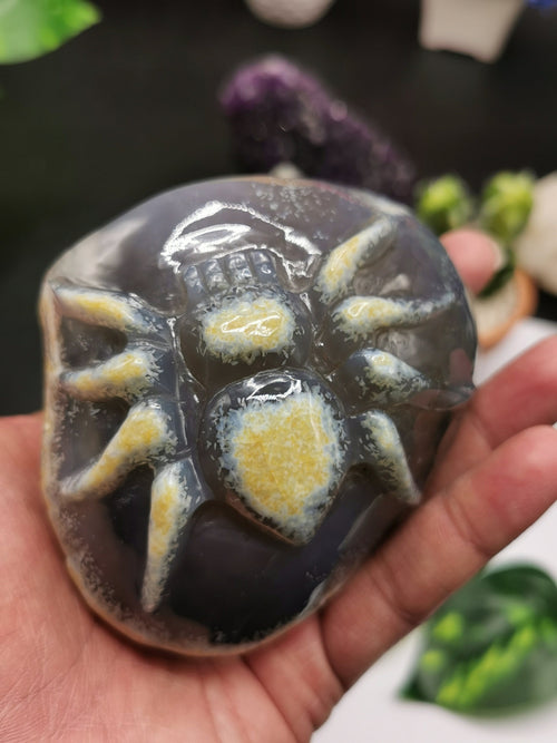 Agate Geode with spider carving- Crystal Healing - Hand carved from single piece agate geode - Shwasam
