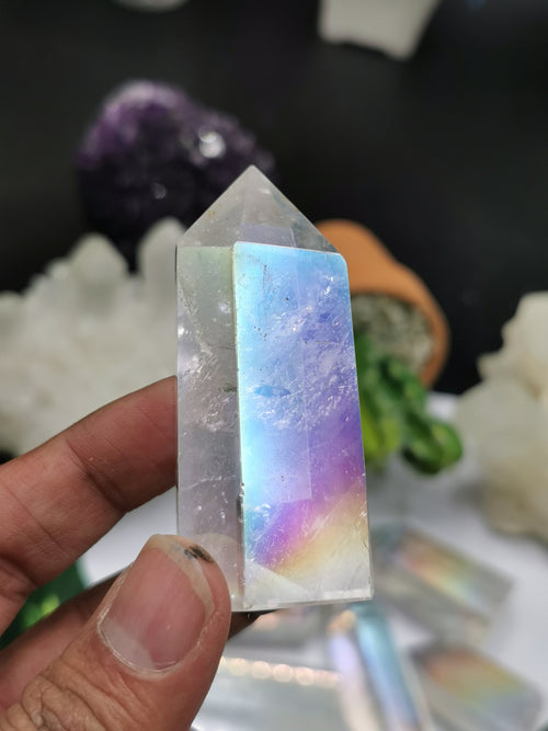 Angel Aura Quartz Point - Manmade crystal with rainbow flash, ideal quartz decor - Shwasam