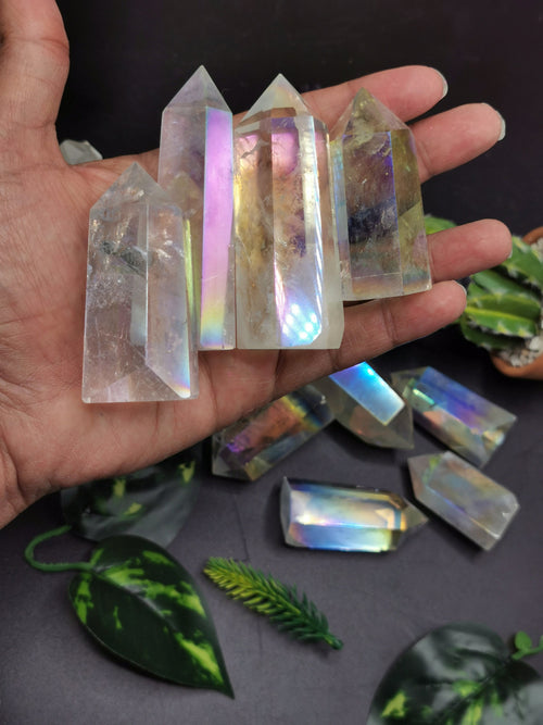 Angel Aura Quartz Point - Manmade crystal with rainbow flash, ideal quartz decor - Shwasam