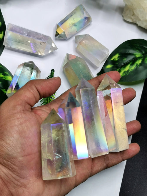 Angel Aura Quartz Point - Manmade crystal with rainbow flash, ideal quartz decor - Shwasam
