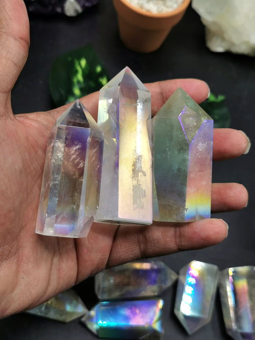 Angel Aura Quartz Point - Manmade crystal with rainbow flash, ideal quartz decor - Shwasam