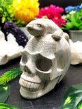 Coral Jasper Skull with lizard on top carving -Incredible craftsmanship - Lapidary Art - Shwasam