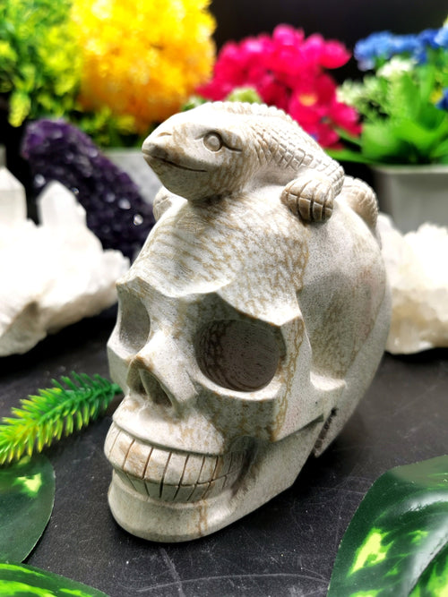 Coral Jasper Skull with lizard on top carving -Incredible craftsmanship - Lapidary Art - Shwasam