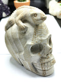 Coral Jasper Skull with lizard on top carving -Incredible craftsmanship - Lapidary Art - Shwasam