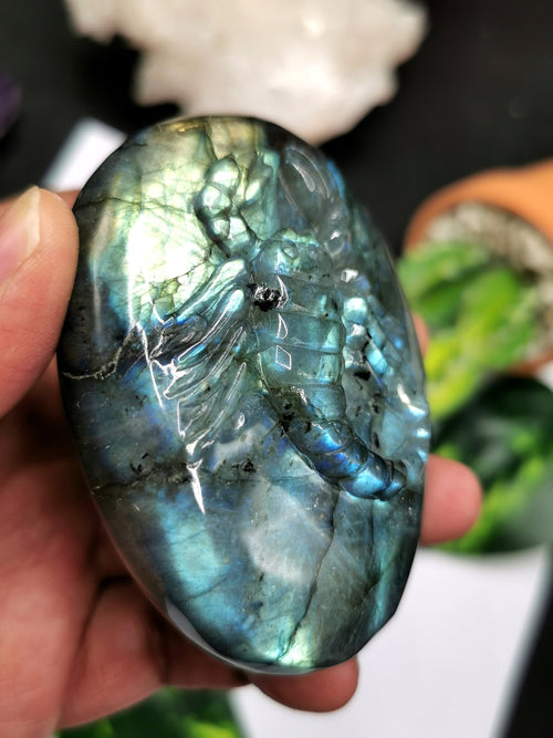Natural Labradorite Stone free form/slab with carving of Scorpion - 2 inches (5 cms) height and 185 gms (0.41 lb) - Shwasam