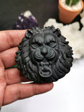 Black Obsidian Lion face intricately handcarved - crystal gift - animal healing - Shwasam