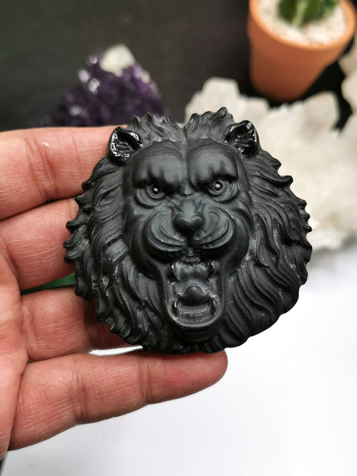 Black Obsidian Lion face intricately handcarved - crystal gift - animal healing - Shwasam