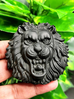 Black Obsidian Lion face intricately handcarved - crystal gift - animal healing - Shwasam