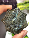 Labradorite stone hand carved spider in web with beautiful blue flash - Shwasam