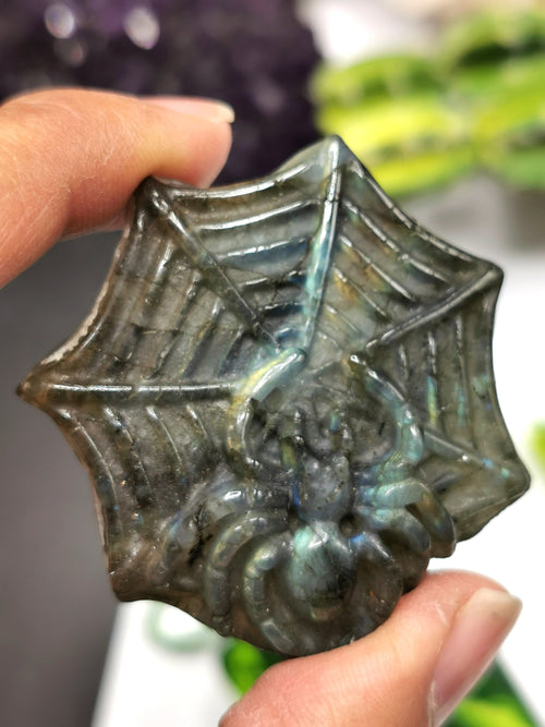 Labradorite stone hand carved spider in web with beautiful blue flash - Shwasam
