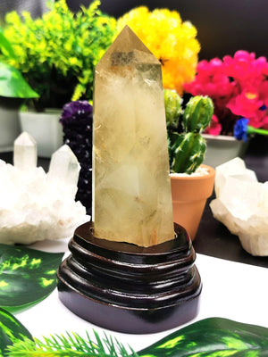 Large Natural Citrine Point/Wand/Tower with wooden stand - reiki/chakra/crystal healing/energy - 5 inches tall and 320 gms (0.70 lb) - Shwasam