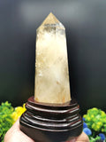Large Natural Citrine Point/Wand/Tower with wooden stand - reiki/chakra/crystal healing/energy - 5 inches tall and 320 gms (0.70 lb) - Shwasam