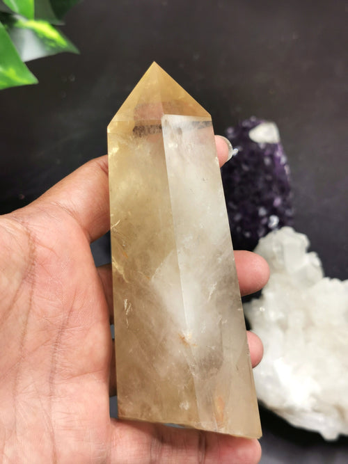Large Natural Citrine Point/Wand/Tower with wooden stand - reiki/chakra/crystal healing/energy - 5 inches tall and 320 gms (0.70 lb) - Shwasam