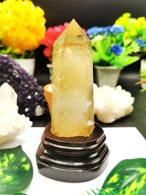 Large Natural Citrine Point/Wand/Tower with wooden stand - reiki/chakra/crystal healing/energy - 5 inches tall and 320 gms (0.70 lb) - Shwasam