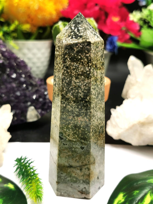 Ocean Jasper point / tower - handmade carvings - energy/chakra/reiki - 280 gms - Shwasam