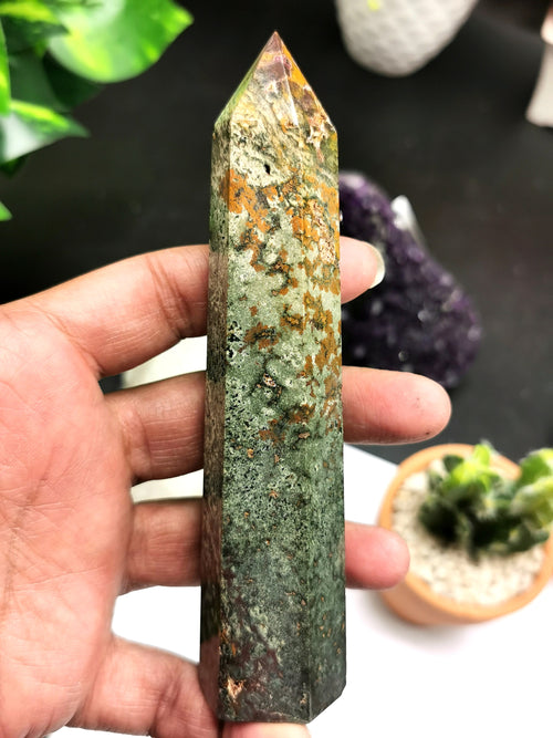 Ocean Jasper point / tower - handmade carvings - energy/chakra/reiki - 154 gms - Shwasam