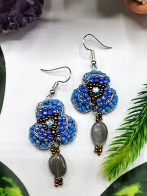 Crochet Flower Earrings with natural agate stone - handmade dangle earrings - ideal Birthday/Anniversary/Engagement/Mother's Day gift - Shwasam