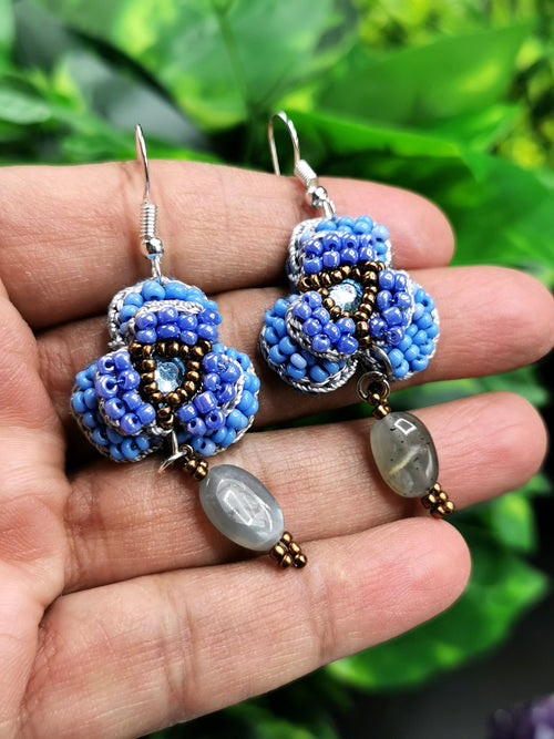 Crochet Flower Earrings with natural agate stone - handmade dangle earrings - ideal Birthday/Anniversary/Engagement/Mother's Day gift - Shwasam