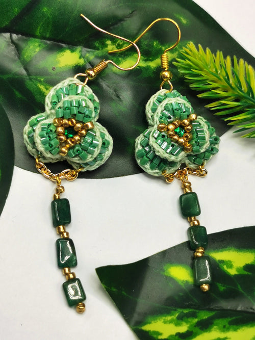 Crochet Flower Earrings with natural aventurine stone - handmade dangle earrings - ideal Birthday/Anniversary/Engagement/Mother's Day gift - Shwasam