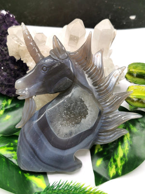 Unicorn in Agate Geode Rock, hand carved crystal gemstone lapidary art for home decor - Shwasam