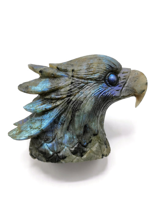 Labradorite Animal Carving - Bald Eagle Head carved in black rainbow stone - Home Decor - Shwasam
