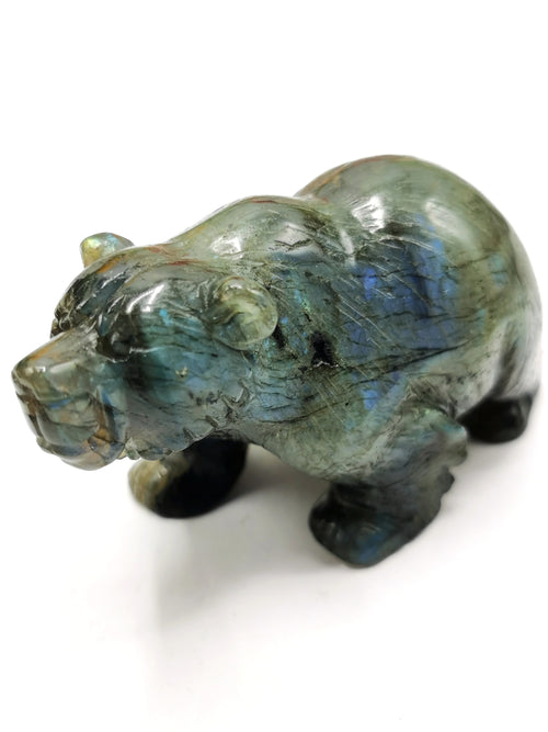 Labradorite Bear Carving - Resplendent hand carved in black rainbow stone - Shwasam