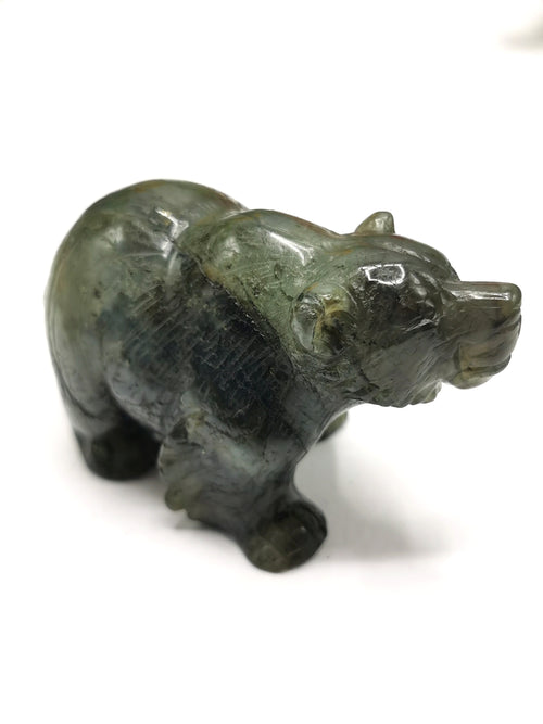 Labradorite Bear Carving - Resplendent hand carved in black rainbow stone - Shwasam