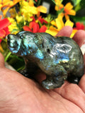 Labradorite Bear Carving - Resplendent hand carved in black rainbow stone - Shwasam