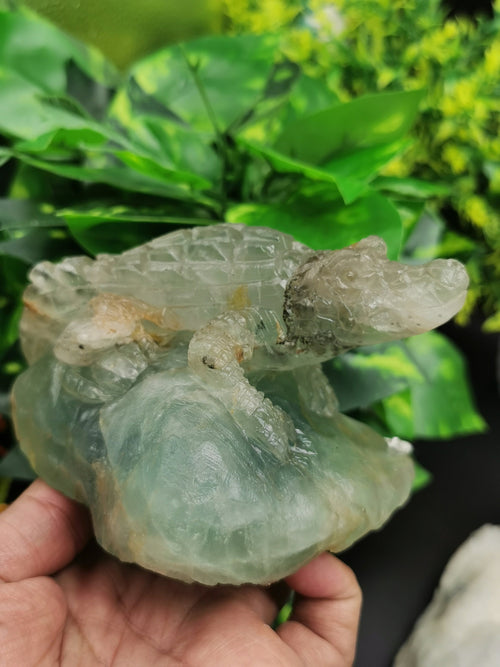 Natural Green Fluorite crocodile carving, handmade used as spirit animal in crystal healing - Shwasam