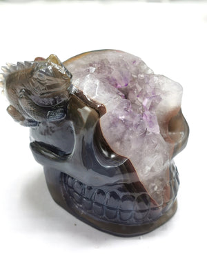 Amethyst and Agate Geode Skull with lizard on top - crystal healing / spirit healing - Shwasam