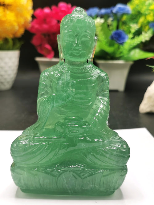 Green Fluorite Buddha - handmade carving of serene and meditating Lord Buddha - lapidary crystal carving 750 gms - Shwasam
