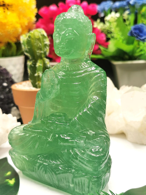 Green Fluorite Buddha - handmade carving of serene and meditating Lord Buddha - lapidary crystal carving 750 gms - Shwasam