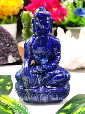 Buddha Statue in lapis lazuli stone - handmade carving of Lord Budda - crystal healing lapidary art - Shwasam