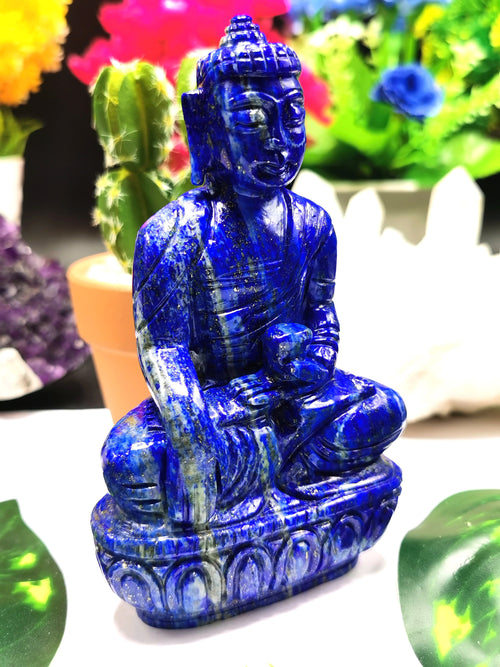 Buddha Statue in lapis lazuli stone - handmade carving of Lord Budda - crystal healing lapidary art - Shwasam