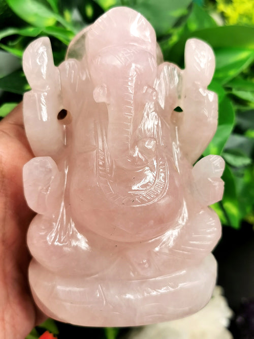 Ganesh Statue in Rose Quartz - Handmade Carving of Lord Ganesha Idol | Sculpture in Crystals and Gemstones - 540 gms - Shwasam