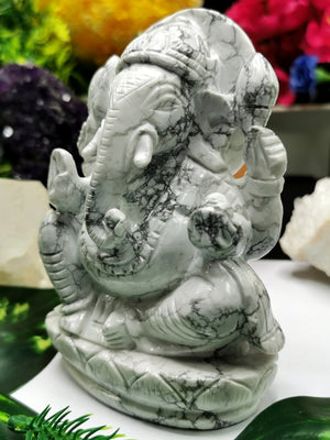 Howlite Ganesh Statue - Handmade Carving - Lord Ganesha Idol | Sculpture in Crystals and Gemstones 676 gms - Shwasam