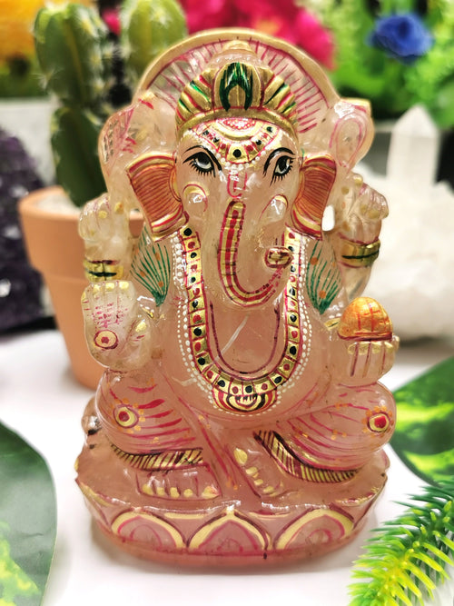 Rose Quartz Handmade Carving of Ganesh with handpainting - Lord Ganesha idol in Crystals and Gemstones 515 gms - Shwasam