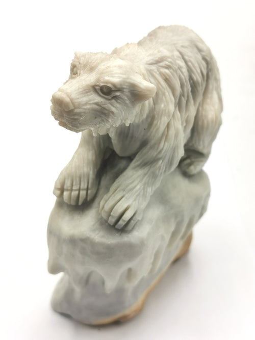 Exquisite polar bear on melting glacier carving in Chinese white jade crystal stone - Shwasam