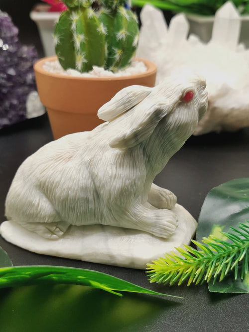 White Jade Stone carving of rabbit - spirit animal - home decor gemstone carving - Shwasam