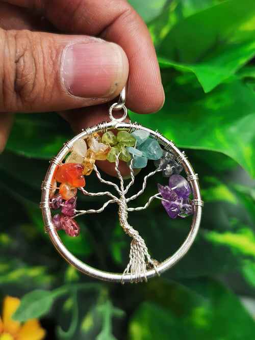 Unique 7-chakra stones Tree of Life pendant - Amethyst, Garnet and aventurine stones - Shwasam