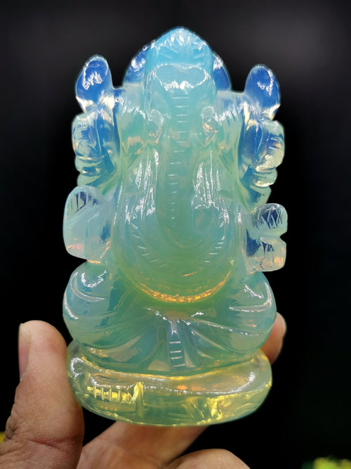 Ganesh Statue in Opalite - Handmade Carving of Lord Ganesha Idol | Sculpture in Crystals and Gemstones - 350 gms - Shwasam