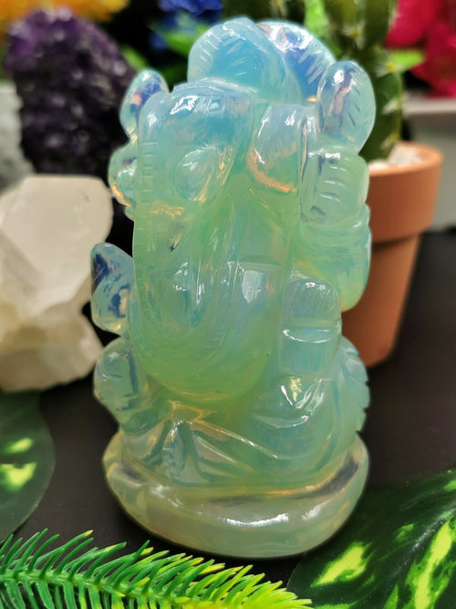 Ganesh Statue in Opalite - Handmade Carving of Lord Ganesha Idol | Sculpture in Crystals and Gemstones - 350 gms - Shwasam