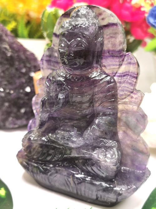 Multicolor Fluorite Buddha Statue, handmade carving of Lord Budha - crystal healing 525 gms - Shwasam